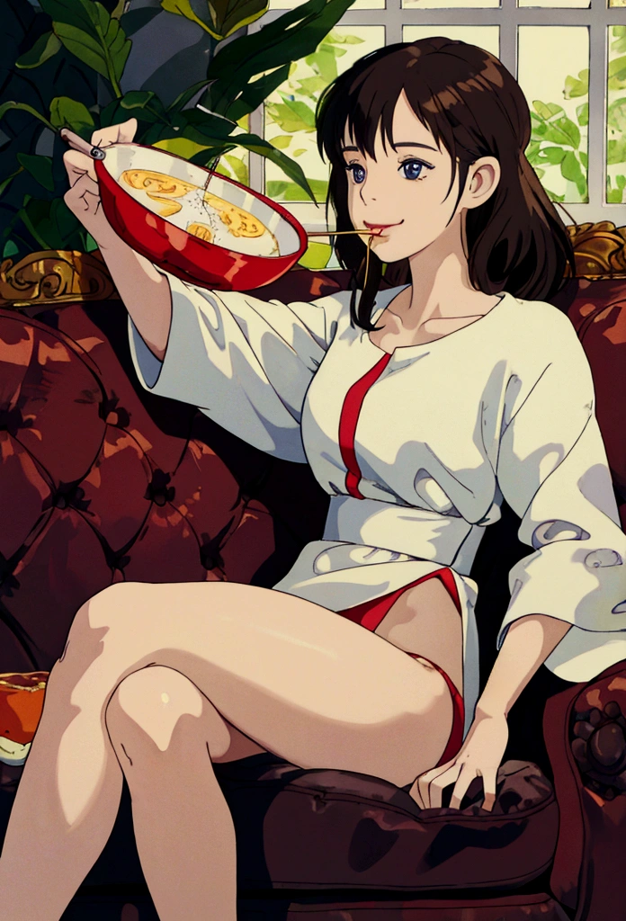 woman,smilie,eating foods, sitting on the sofa, BREAK, 8k , best-quality, masterpiece, perfect anatomy
