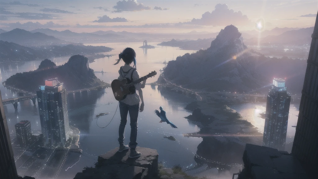 sunset,暗いnight空,Octane, star (null), scenery, Blue parakeet,Acoustic guitar,star, night, One Girl, Back view, alone, Outdoor, city,river,Blue parakeet,building, cloud, 天のriver, Are standing,silhouette