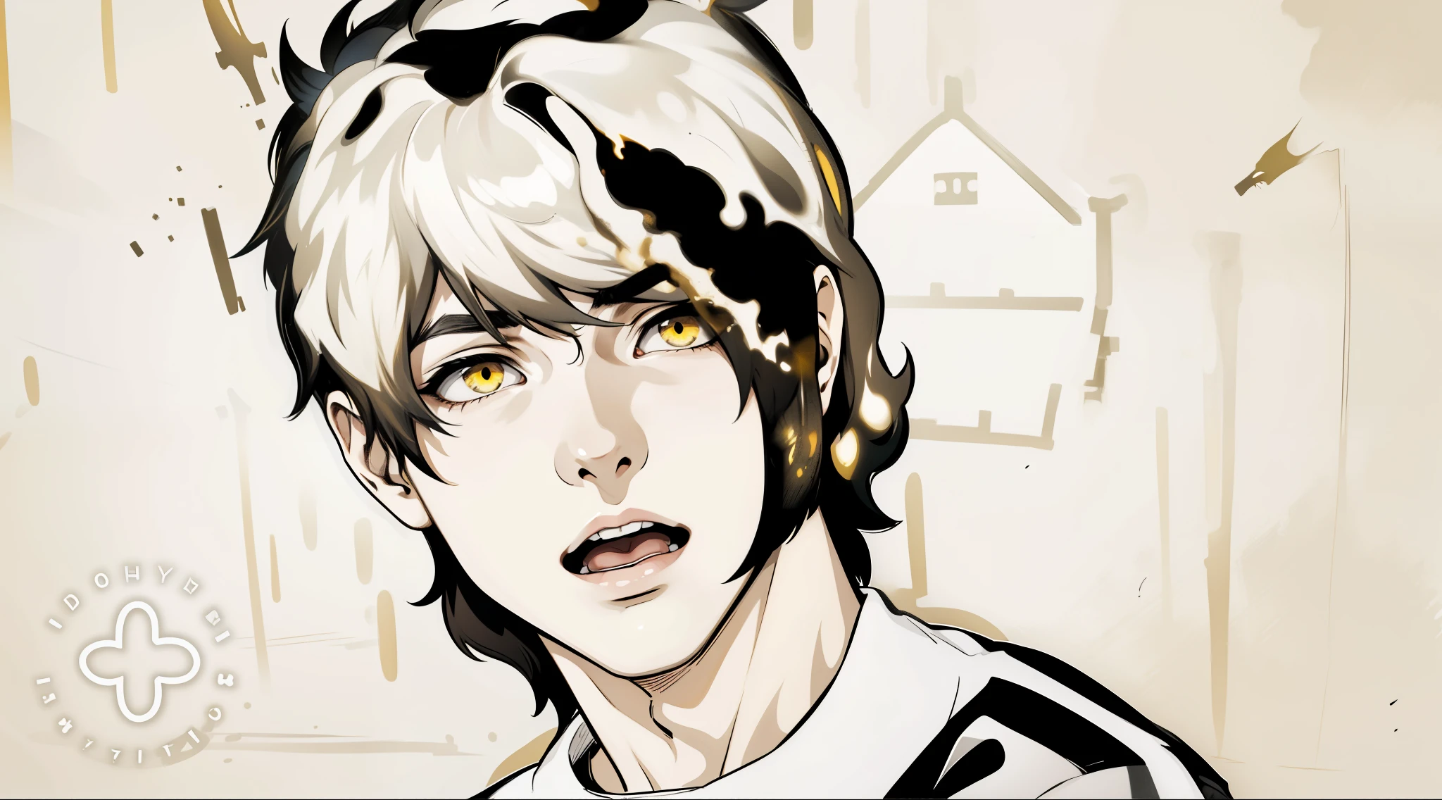 He speaks with his mouth open He is yawning 17 year old boy Black hair and yellow eyes He is asking something with some pain, in the background you can see a house in a town, his shirt is yellow and black