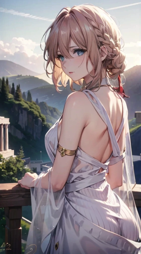 (best quality,4k,8k,highres,masterpiece:1.2),ultra-detailed,(realistic,photorealistic,photo-realistic:1.37),purple,1 girl,,gazing at viewer,blue eyes,blonde hair,((Greek costume)),((looking at audience)),((blue sky)),((giant lark)),((bare back)),((extremely charming body))
