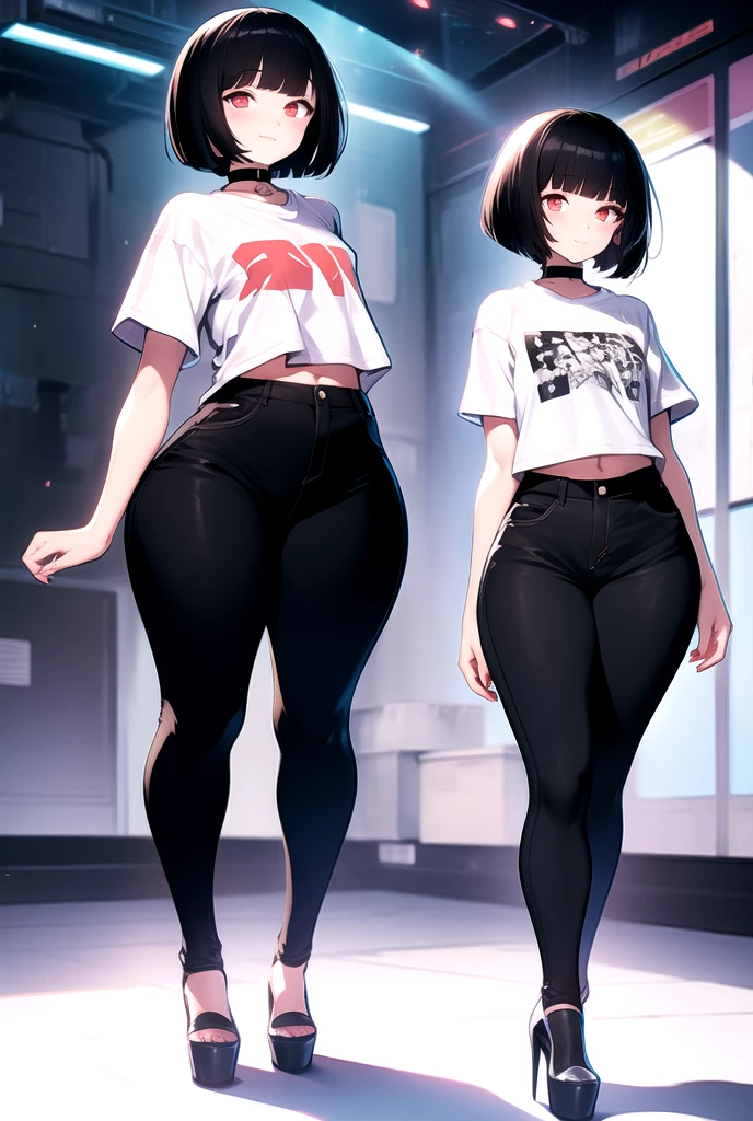 Curvy guy with short black hair and dull red eyes and flat chest wearing a choker, happy, lonely, bare legs, wide hips, bangs, (flat chest), ((flat chest)), bangs, white t-shirt, black pants, platform high heels, solo, mature body, casual, full body