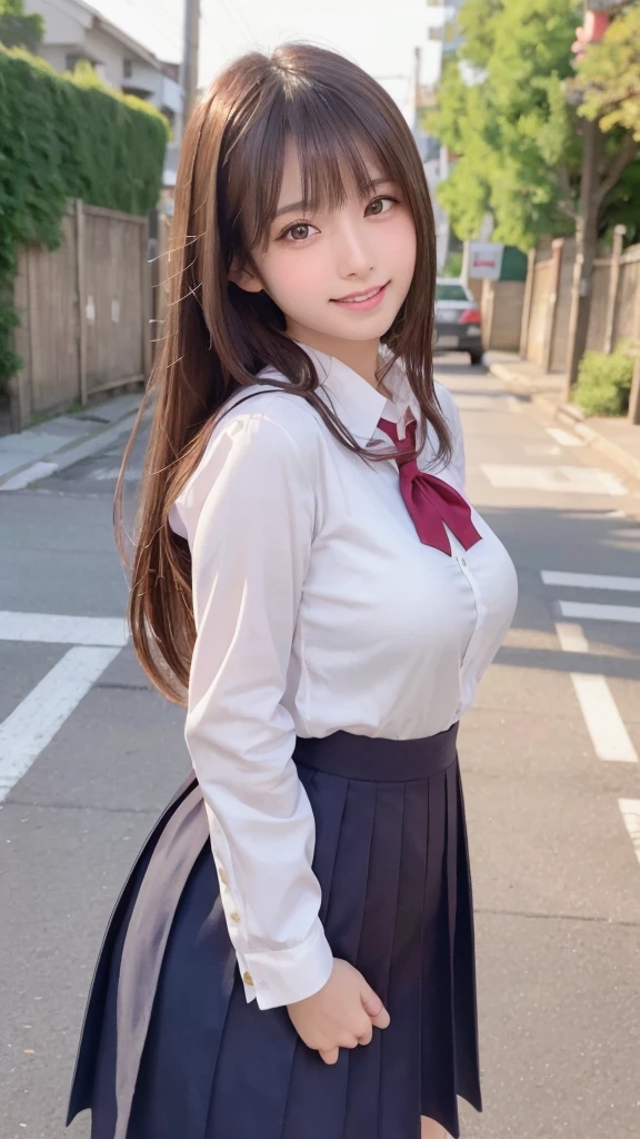 Gravure photography , masutepiece , Best Quality, Illustration, Ultra-detailed, finely detail, hight resolution, 8K Wallpaper, Perfect dynamic composition, Beautiful detailed eyes , Beautiful Long straight Hair , sexy breasts , natural color lip, Bold sexy poses, Smile ,(Harajyuku Japanese School uniform:1.2), 16 years girl 、Cute 、Erotic shot ,looking at camera , Random (very sexual poses)