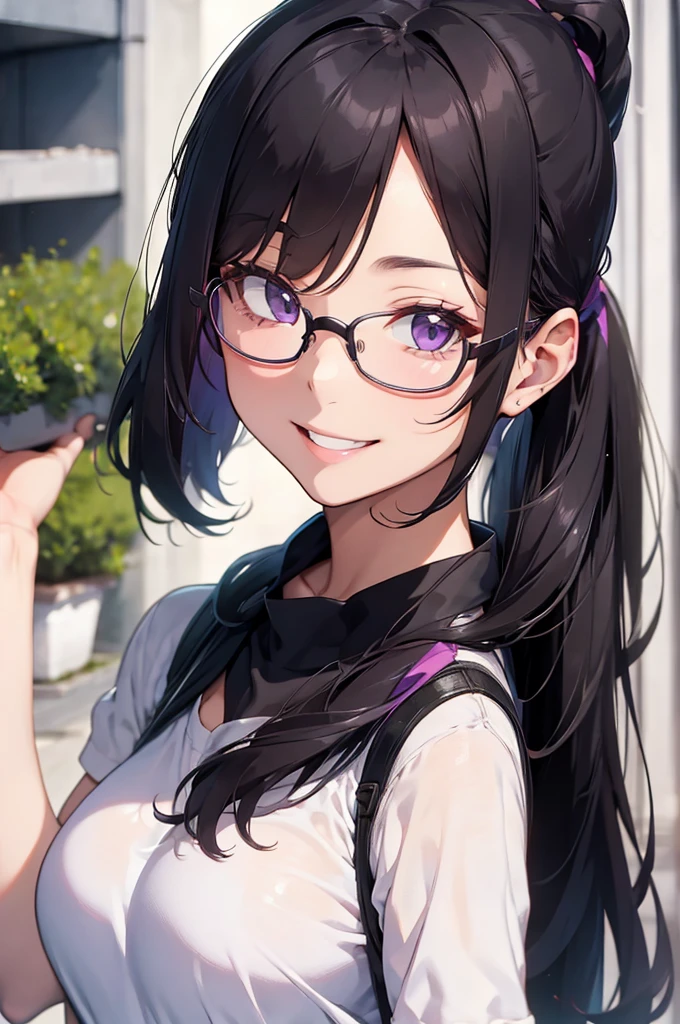 masterpiece,Big Breasts,beauty,Purple glasses.Black Hair,Side Ponytail,Wink,A big smile