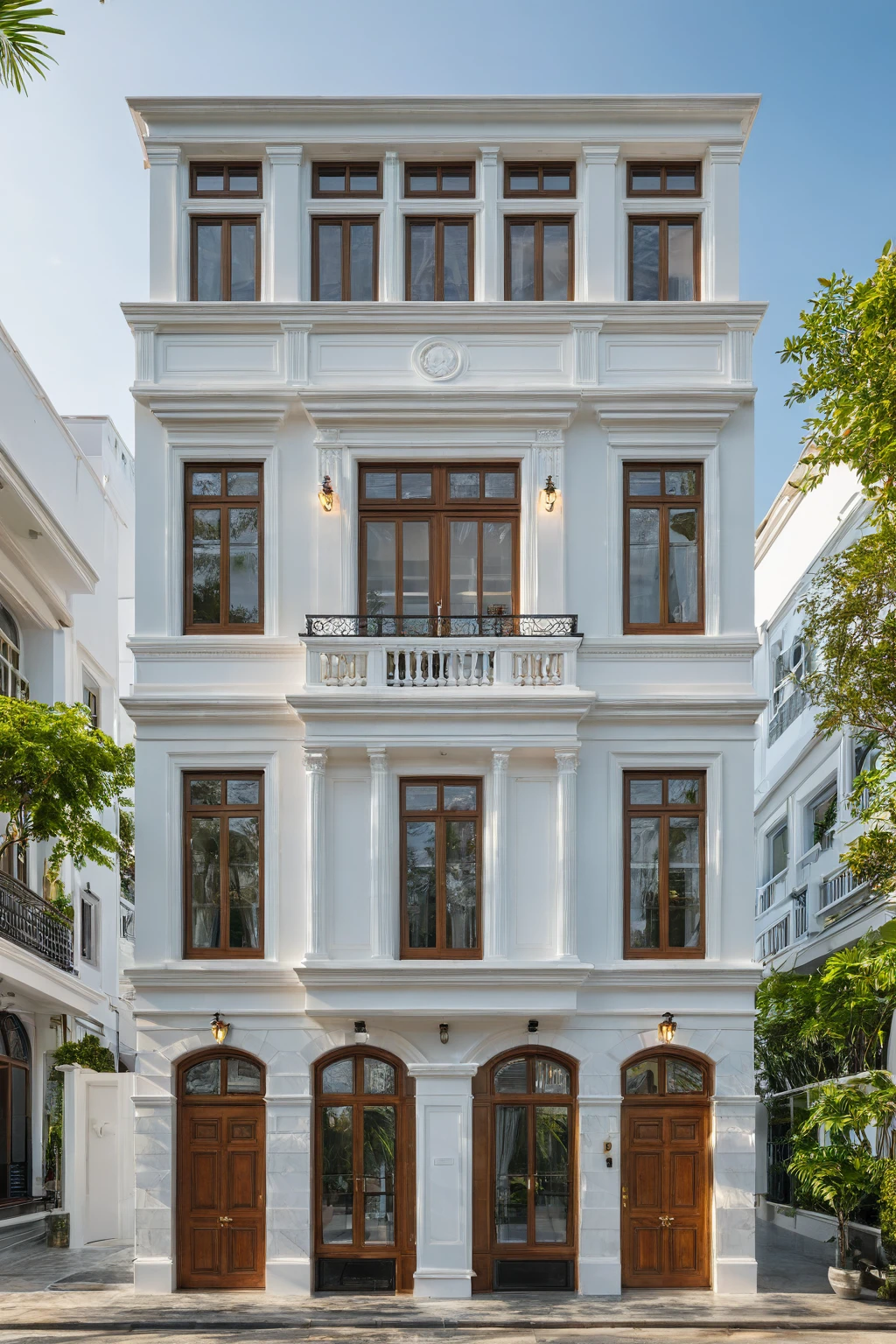 neo classical villa on street, (daylight), tropical tree, vivid colour, streetcapes, white tone, white wall, large glass door, warm interior lighting, wood and marble, best quality, 20ArchiAI_XL_NeoTH-v2