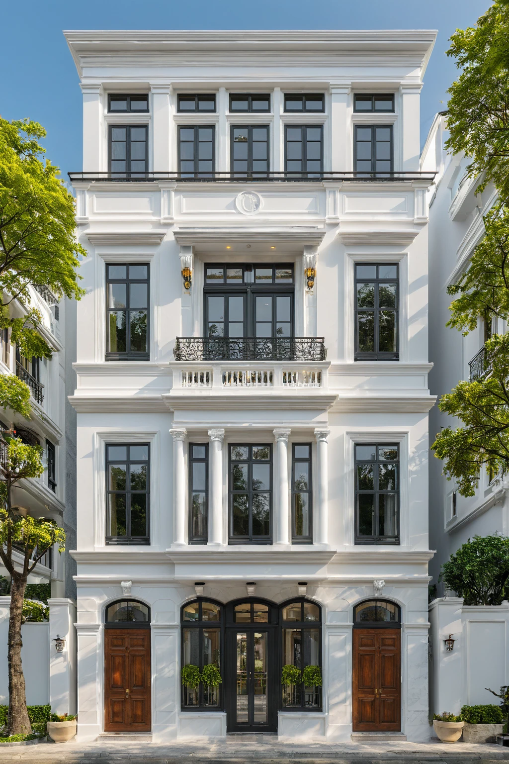 neo classical villa on street, (daylight), tropical tree, vivid colour, streetcapes, white tone, white wall, large glass door, warm interior lighting, wood and marble, best quality, 20ArchiAI_XL_NeoTH-v2