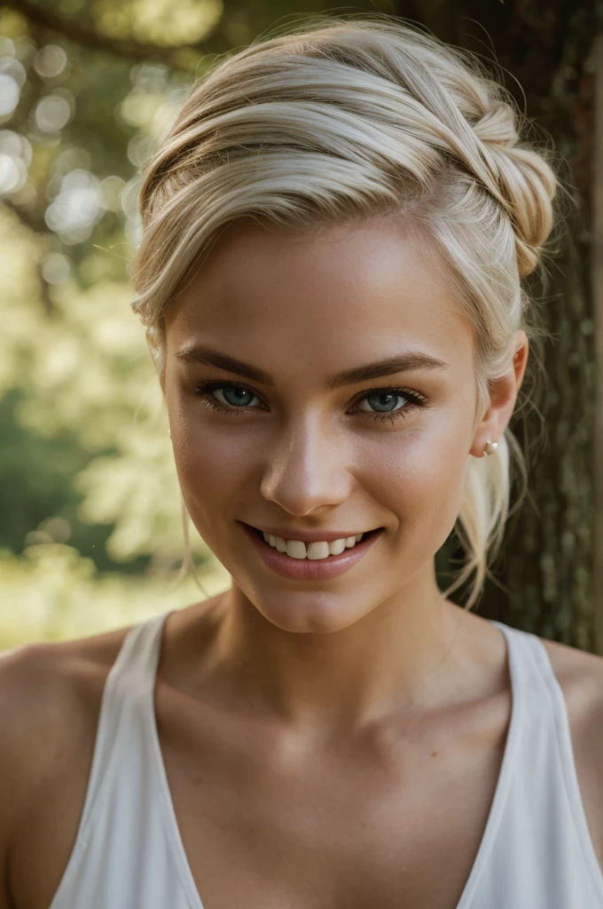 gorgeous, beautiful, 21 years old scandinavian, white hair in a bun, best portrait photo ever, men magazine portrait, beautiful smile, perfect teeth, seductive, flirty, face photo, stunning forest views, big trees around, smiling, detailed skin, realistic, photo-realistic, 8k sharp focus, highly detailed, full length frame, High detail RAW color art, piercing, diffused soft lighting, shallow depth of field, sharp focus, hyperrealism, cinematic lighting