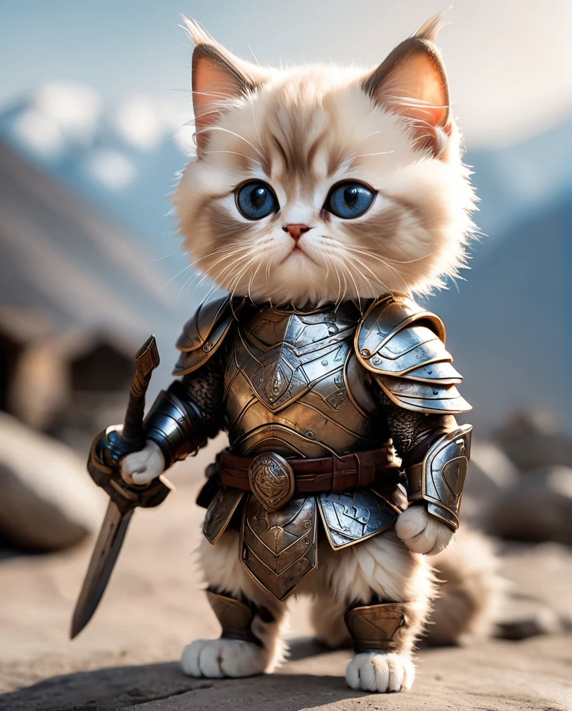 High-detail images Himalayan kitten Warrior Wearing armor Full Body Shot Looking straight at me