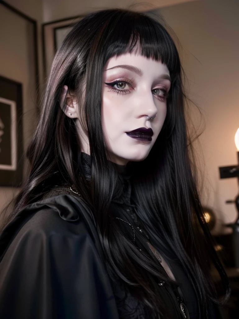 Best quality, masterpiece, super high resolution, (realism: 1.4), tattoos, long hair, pale skin, goth, happy, indoors, black lipstick, microbangs