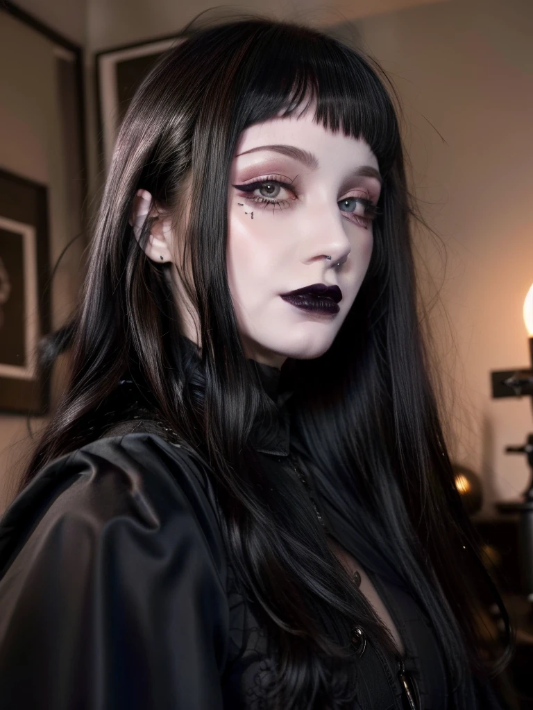 Best quality, masterpiece, super high resolution, (realism: 1.4), tattoos, long hair, pale skin, goth, happy, indoors, black lipstick, microbangs