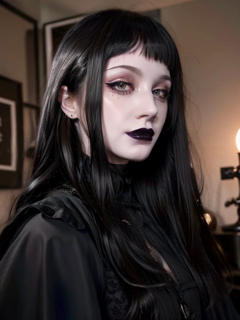 Best quality, masterpiece, super high resolution, (realism: 1.4), tattoos, long hair, pale skin, goth, happy, indoors, black lipstick, microbangs