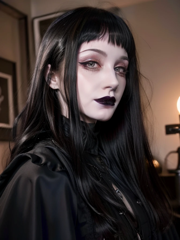 Best quality, masterpiece, super high resolution, (realism: 1.4), tattoos, long hair, pale skin, goth, happy, indoors, black lipstick, microbangs