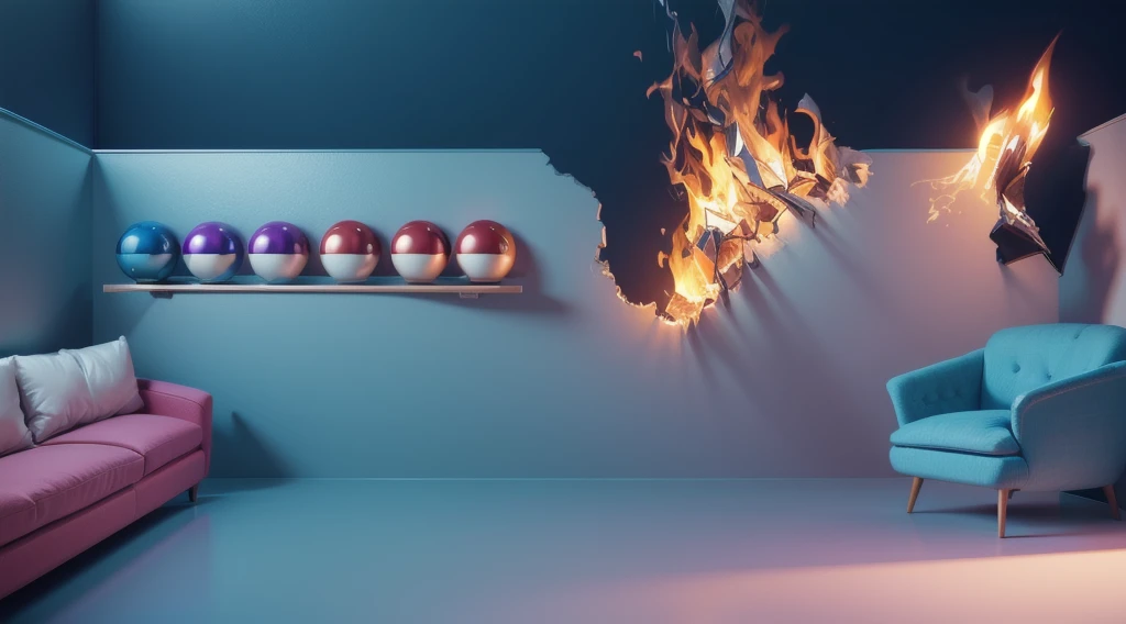 the image shows a room with no ceiling, a sofa and an armchair in the center of the room,with the colorful balls on shelves, the walls on the right side are destroyed and burning with fire, smooth 3d model, glossy plastic texture, multiple light sources, rim light, sharp post effects render, most beautiful vfx, , realistic, 4k, high resolution, rim light, smooth 3d model. , glossy texture, smooth 3d model, multiple light sources, rim light, sharp post effects render, (glossy plastic texture with multiple big light probe refractions), perfect cgi, reflective, best quality, 4k, masterpiece:1.2, ultra-detailed, realistic, vivid colors, The image of the highest quality, ensuring every detail showcased perfectly. It in 4k resolution, allowing viewers to immerse themselves in the richness of the colors and intricate details. The realistic rendering. under the spotlight, reflecting, high-resolution image, realistic rendering