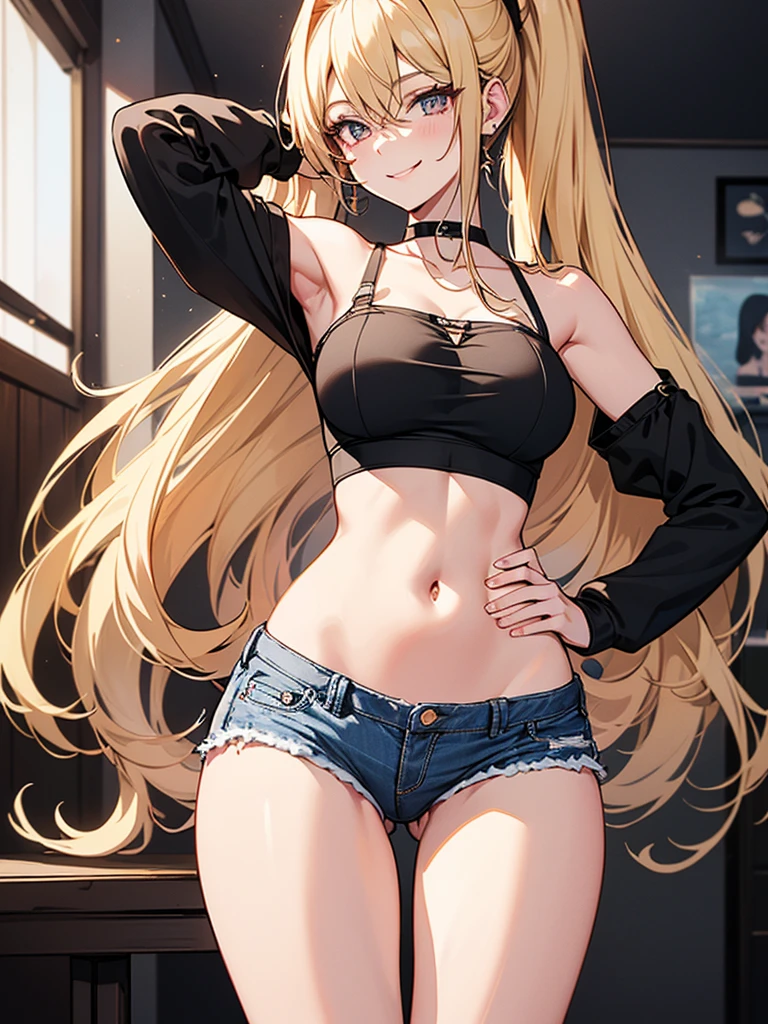 (highest quality, High resolution, perfect pixel, Depth of bounds written, 4K), upper body, (chair), (looking down), (detailed eyes), (1 lady), tall, (skinny body:1.2), (thin thighs:1.2), (Narrow hips:1.2), (black tube tops:1.4), bellybutton, sleeveless, middle breasts, (blond hair), (ponytail:1.2), (standing:1.2), (denim skirt:1.2), (panty strap), (hand on hip and behind head:1.2), contrapposto, (seductive smile),
