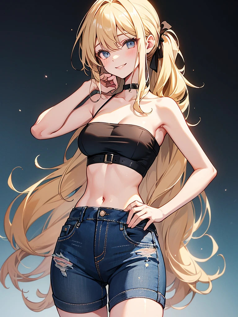 (highest quality, High resolution, perfect pixel, Depth of bounds written, 4K), upper body, (chair), (looking down), (detailed eyes), (1 lady), tall, (skinny body:1.2), (thin thighs:1.2), (Narrow hips:1.2), (black tube tops:1.4), bellybutton, sleeveless, middle breasts, (blond hair), (ponytail:1.2), (standing:1.2),  (denim skirt:1.2), (panty strap), (hand on hip and behind head:1.2), contrapposto, (seductive smile), 