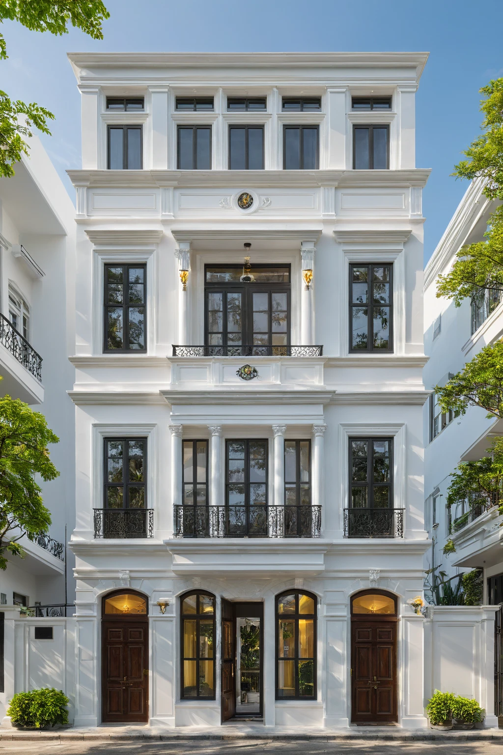 neo classical villa on street, (daylight), tropical tree, vivid colour, streetcapes, white tone, white wall, large glass door, warm interior lighting, wood and marble, best quality, 20ArchiAI_XL_NeoTH-v2