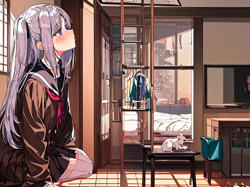 nsfw,master piece,best quality,1girl,,silver long hair,twintails,small breasts,bestiality,(( An elementary school student and a dog have missionary sex with their clothes on in the living room.kiss, )),tearful,steam,sweat,spoken heart,,Collar,score_9,girl trembling with sexual climax