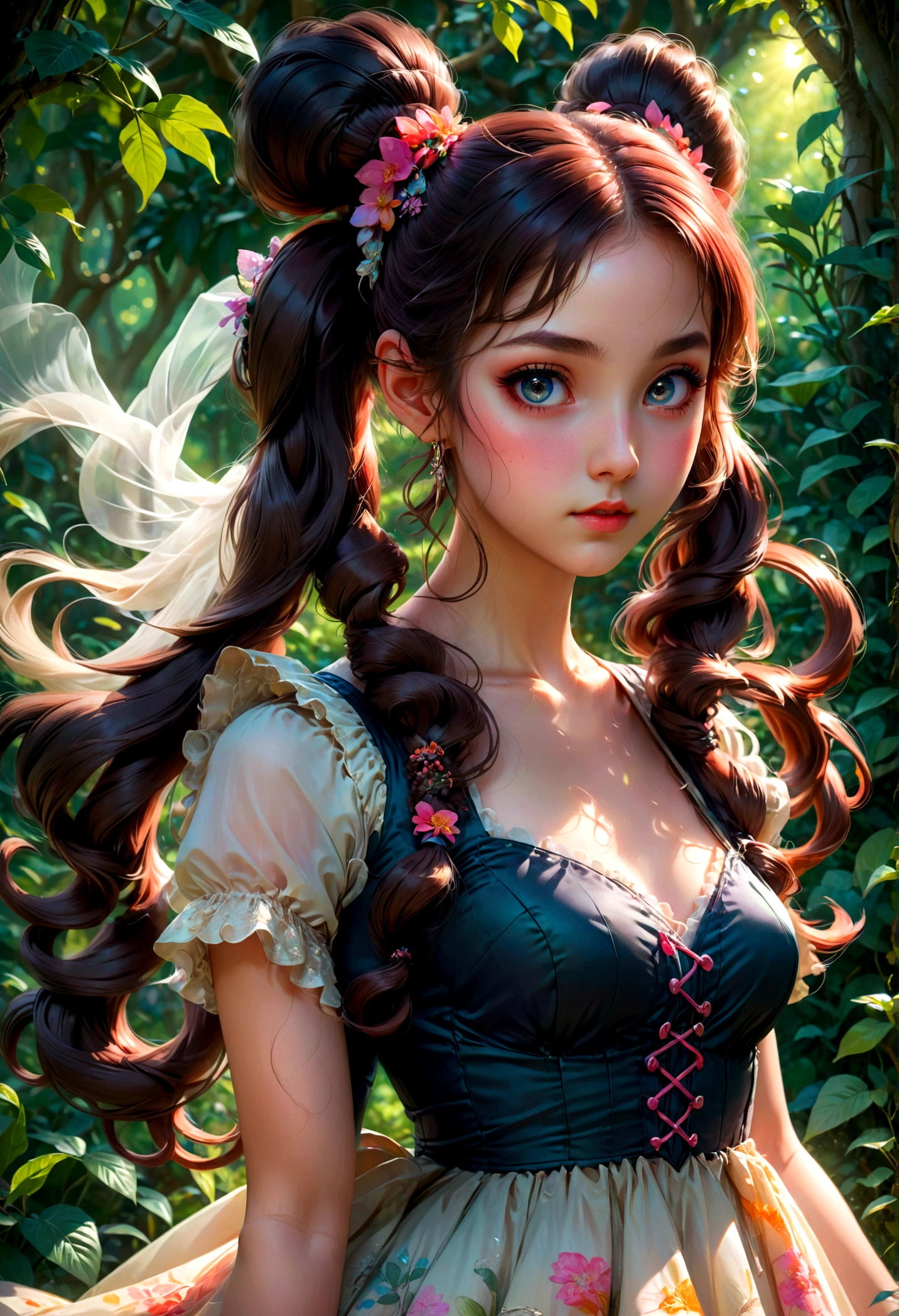 1girl, Twin Tails, A beautiful young girl with twin tails hairstyle, extremely detailed eyes and face, longeyes, flowing hair, intricate dress, delicate features, serene expression, standing in a lush garden, sunlight filtering through the trees, vibrant colors, warm lighting, (4k,8k,highres:1.2), ultra-detailed, portrait, fantasy, masterpiece, best quality, very aesthetic, absurdres