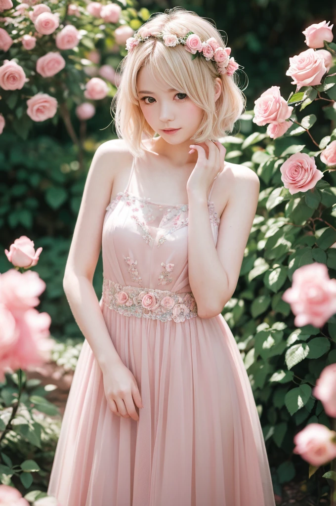 8K, RAW Photos, Fujifilm, Avril-like style photo of a beautiful young woman in a garden of pale pink roses (Highly detailed skin: 1.2) Style Petal Break Short Hair, Blonde and colored hair, Wearing a dress, Film Granulation, 35mm, Cute Style