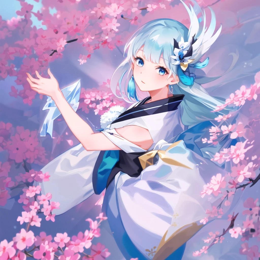 Ultra HD, retina screen, masterpiece, a girl,  colorful background, background light,  pink theme, Yuki Onna, 1girl, japanese kimono, bare shoulder, light blue hair, extremely long hair, blue eyes, hair ornament, blue ribbon, blue earring, medium chest