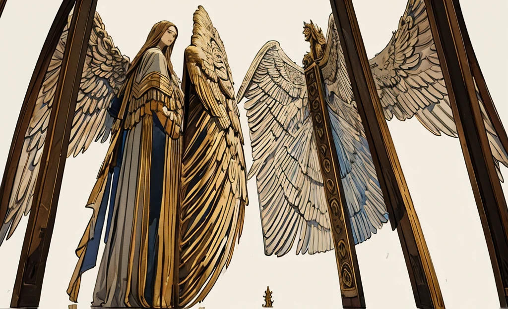 an archangel, of the Christian religion, made in the style of leonardo da Vinci, in front position, on a white background looking towards me spreading its 4 wings, erect and facing me, with garments similar to those of Jerusalem, with clothing similar to those worn in the era of Jesus and the angel is seen in the art style of Leonardo da Vinci
