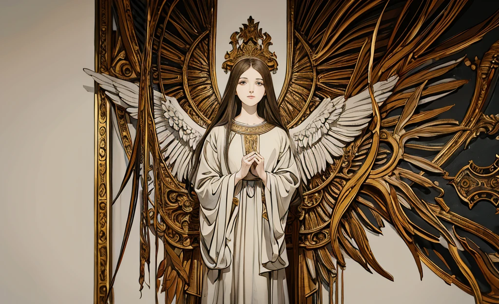 an archangel, of the Christian religion, made in the style of leonardo da Vinci, in front position, on a white background looking towards me spreading its 4 wings, erect and facing me, with garments similar to those of Jerusalem, with clothing similar to those worn in the era of Jesus and the angel is seen in the art style of Leonardo da Vinci