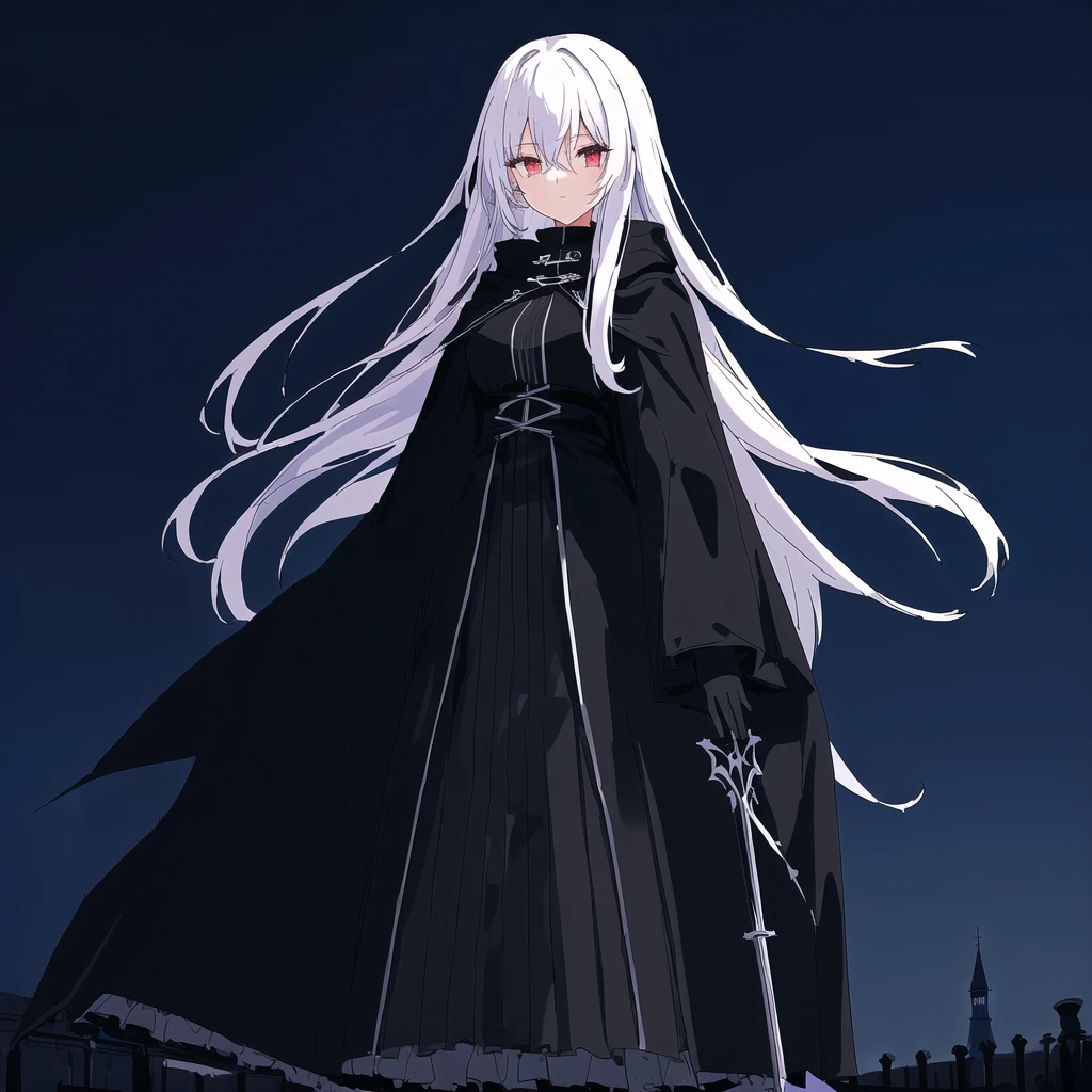 Anime character girl with white hair and black clothes standing next to a tall tower, with cape, Dark Cape, Grim Reaper in the Night!!!!, wearing black clothes and cape, Wearing a cloak in a blown up plain, Wearing a black cloak,