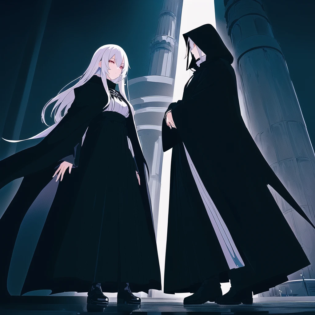 Anime character girl with white hair and black clothes standing next to a tall tower, with cape, Dark Cape, Grim Reaper in the Night!!!!, wearing black clothes and cape, Wearing a cloak in a blown up plain, Wearing a black cloak,