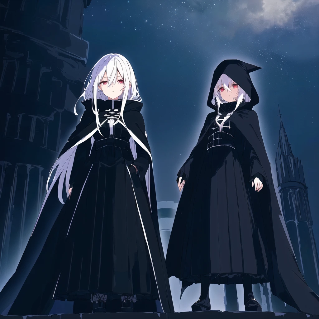 Anime character girl with white hair and black clothes standing next to a tall tower, with cape, Dark Cape, Grim Reaper in the Night!!!!, wearing black clothes and cape,  Wearing a cloak in a blown up plain,  Wearing a black cloak, 