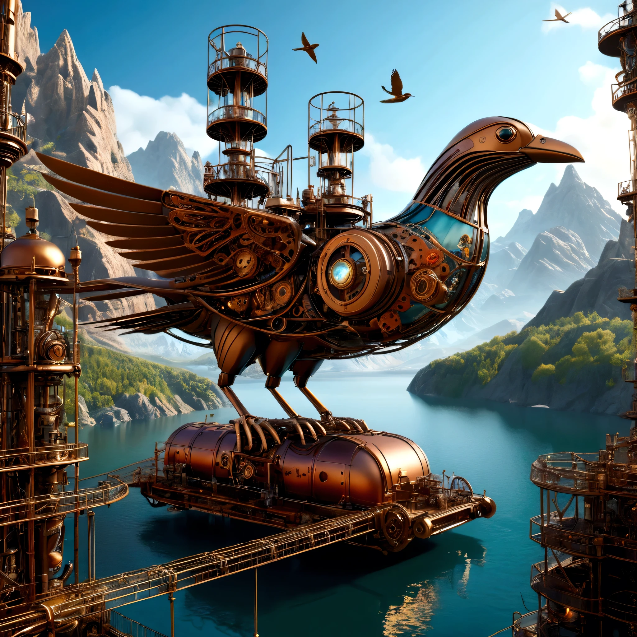 Hyper realistic 8k, ultra detailed. (hyperdetailing, dynamic camera), (wide angle), (Celestial Illumination), (Vivid colors and saturation) mechanical scaffolding, mechanical mountains, lake created by man, steampunk world, metal birds, artificial nature, nature in steampunk style
