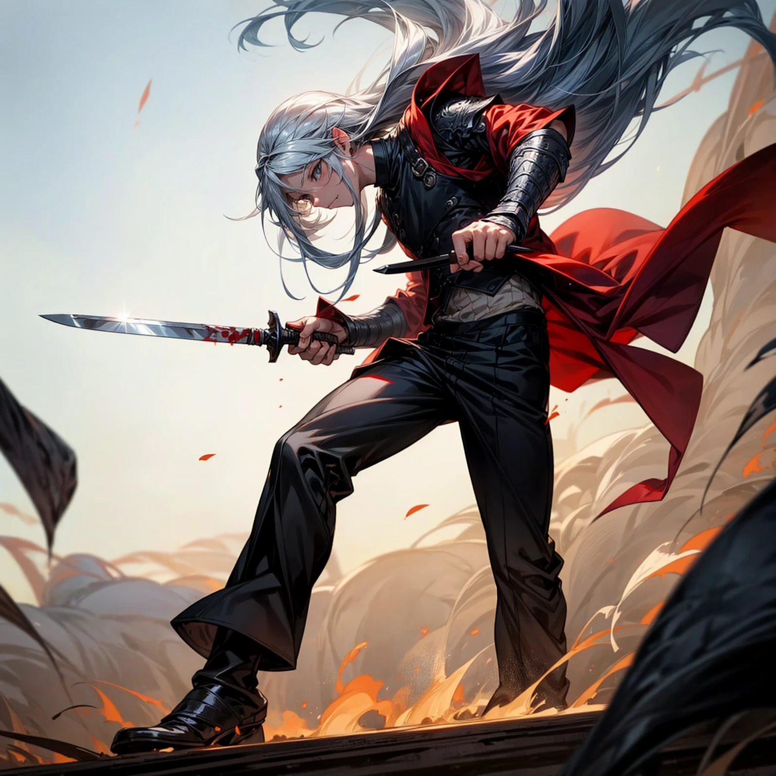 1boy, Full body version, 1character, black eyes color, milk skin, long hairstyle, monolod eyes type, silver colour hair, muscle, Assassin clothing style, red color clothing, black pants, white scraf, Ancient roman boots, vest armors, dagger knife in hand, Grassroots background in field villager, motion blur, battle gesture, lighting morning, sunlight, smoke, plasma, bloody background, fire, lighting knife 