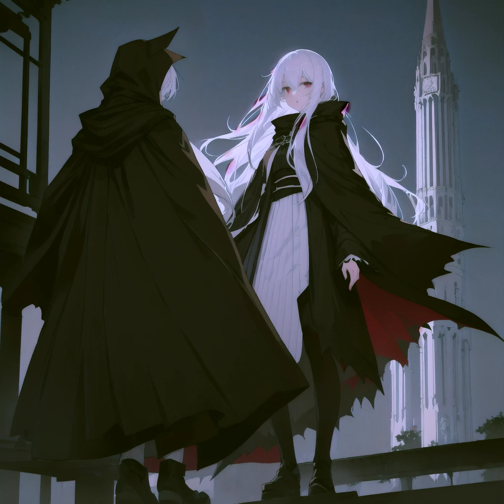 Anime character girl with white hair and black clothes standing next to a tall tower, with cape, Dark Cape, Grim Reaper in the Night!!!!, wearing black clothes and cape, Wearing a cloak in a blown up plain, Wearing a black cloak,