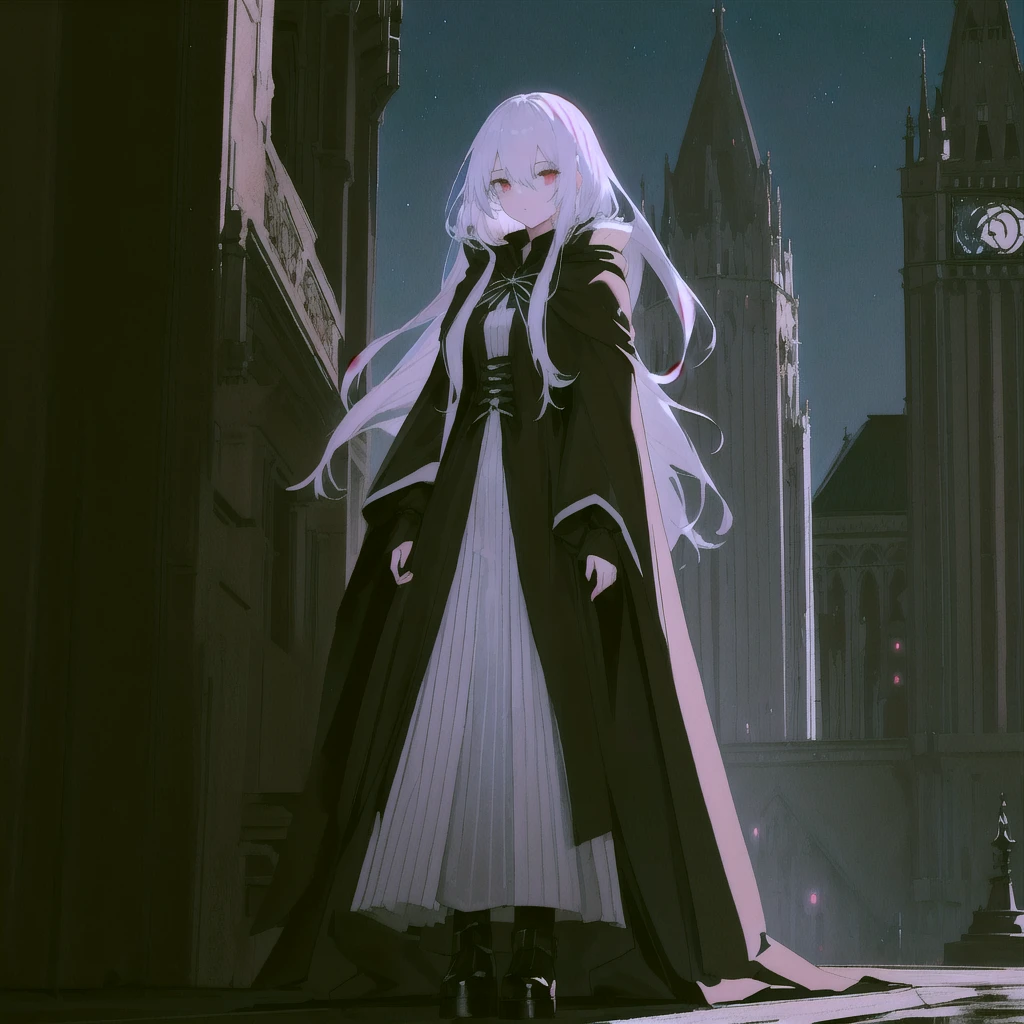 Anime character girl with white hair and black clothes standing next to a tall tower, with cape, Dark Cape, Grim Reaper in the Night!!!!, wearing black clothes and cape, Wearing a cloak in a blown up plain, Wearing a black cloak,