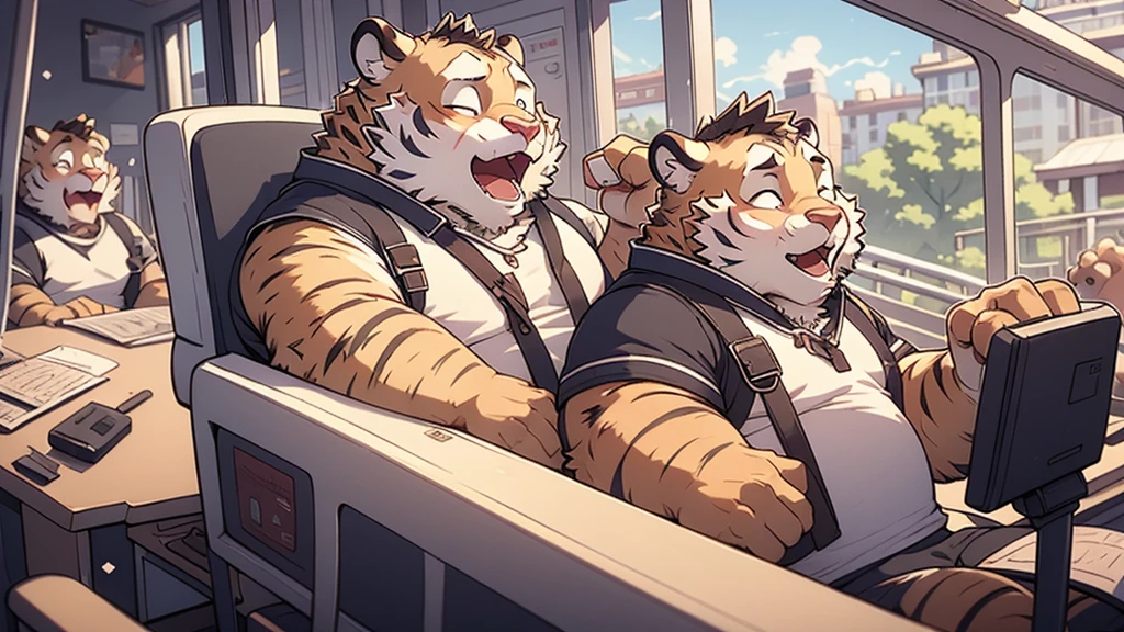 Tiger personification、A happy look、masterpiece、Highest quality、Detailed Background、amusement park、Ride a roller coaster