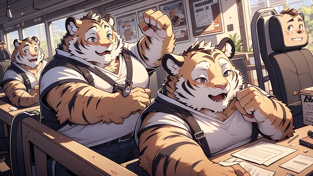 Tiger personification、A happy look、masterpiece、Highest quality、Detailed Background、amusement park、Ride a roller coaster