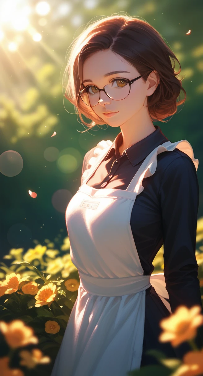 cute girl in a flower garden, detailed face and eyes, long brown hair, glasses, apron dress, beautiful sunlight, intricate details, vibrant colors, delicate petals, soft lighting, romantic atmosphere, highly detailed, photorealistic, masterpiece, 8k, hyper realistic, studio lighting, volumetric lighting, dynamic composition, soft bokeh, warm color palette