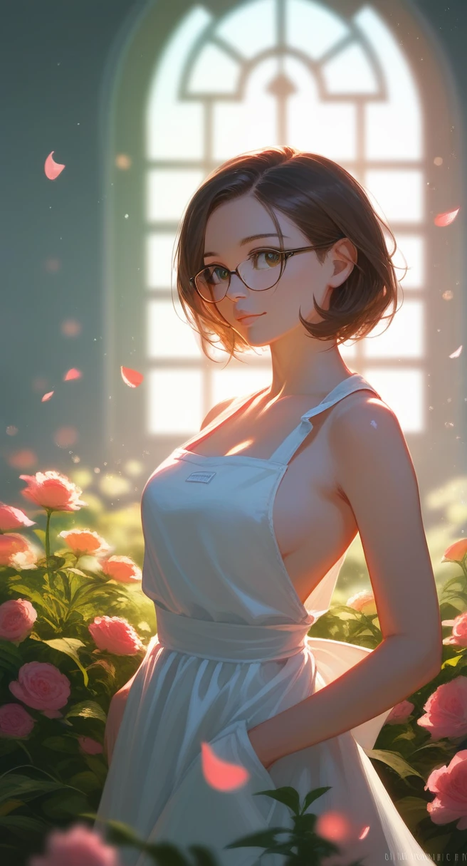 cute girl in a flower garden, detailed face and eyes, long brown hair, glasses, apron dress, beautiful sunlight, intricate details, vibrant colors, delicate petals, soft lighting, romantic atmosphere, highly detailed, photorealistic, masterpiece, 8k, hyper realistic, studio lighting, volumetric lighting, dynamic composition, soft bokeh, warm color palette