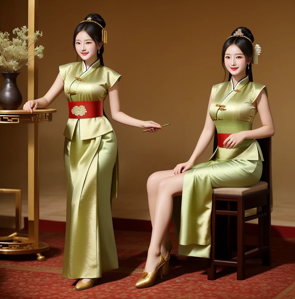 1 beauty,The figure is so good,Wearing Tang Dynasty clothing,Elegant and luxurious,16K,reality,Photography style,Smile on face,Showing the beauty of classics,Show full body,Including feet