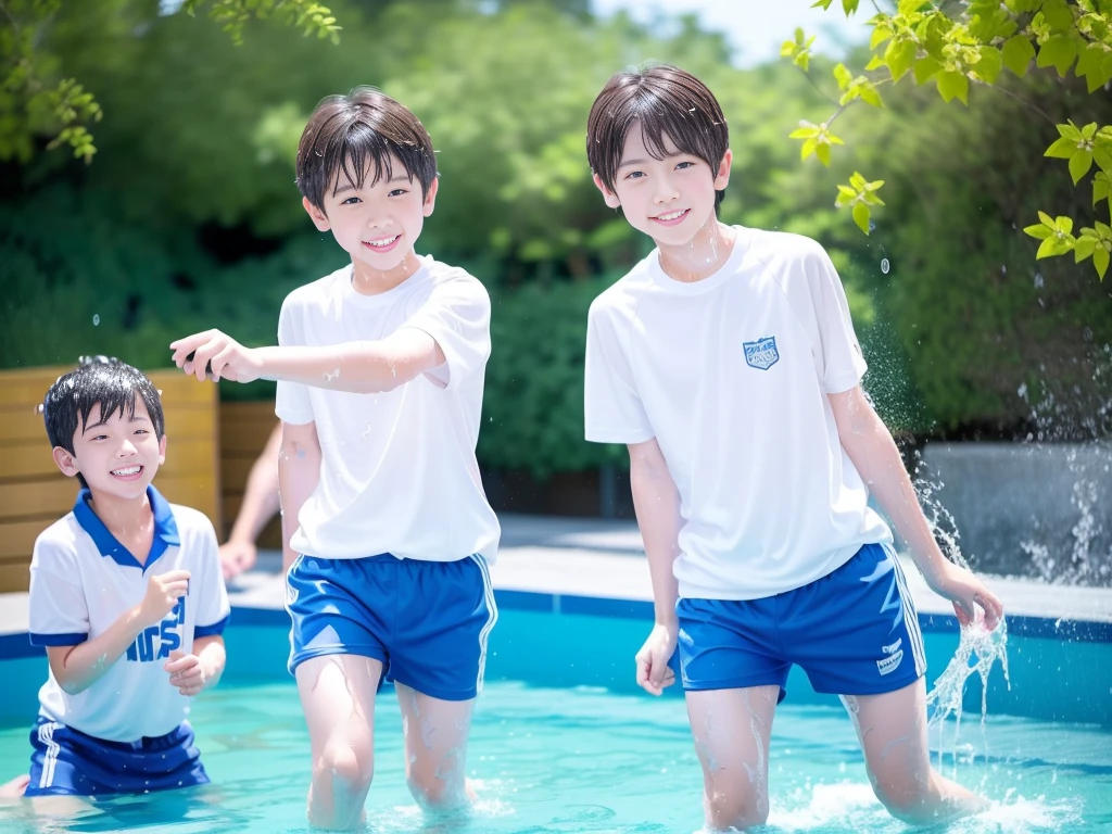 Summer vacation elementary school、The pool in summer is nice、Soaking wet、Japan Boy、Glowing water splashes、A good boy dripping with water、Playing innocently、hot day、Two Boys、Various poses、Short sleeve gym uniform、Blue shorts、physical education、barefoot,Boys only 、10age