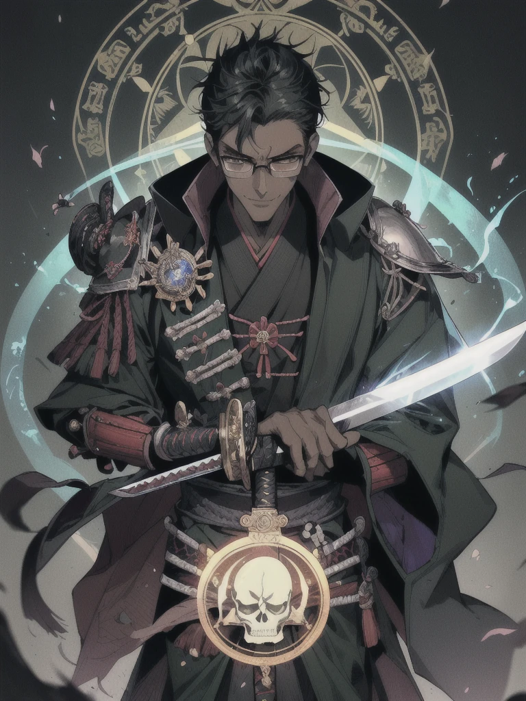 1 man, magic user, dark tone skin, short black hair, black rimmed glasses, necromancer, samurai, well dressed, very handsome, arrogant, smirking at viewer, interesting background, magic flowing around a samurai sword, blueish green magic circle, skulls, evil villian