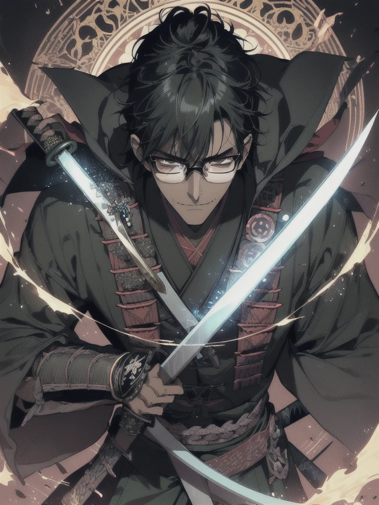 1 man, magic user, dark tone skin, short black hair, black rimmed glasses, necromancer, samurai, well dressed, very handsome, arrogant, smirking at viewer, interesting background, magic flowing around a samurai sword, blueish green magic circle, skulls, evil villian