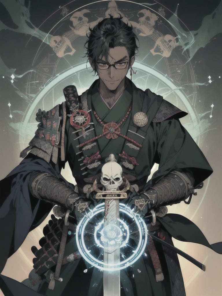 1 man, magic user, dark tone skin, short black hair, black rimmed glasses, necromancer, samurai, well dressed, very handsome, arrogant, smirking at viewer, interesting background, magic flowing around a samurai sword, blueish green magic circle, skulls, evil villian