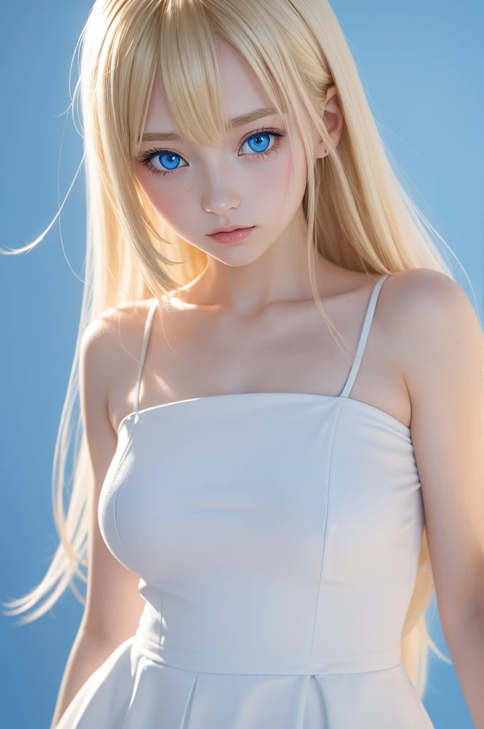 A blonde anime girl with blue eyes on a blue background and a delicate white outfit