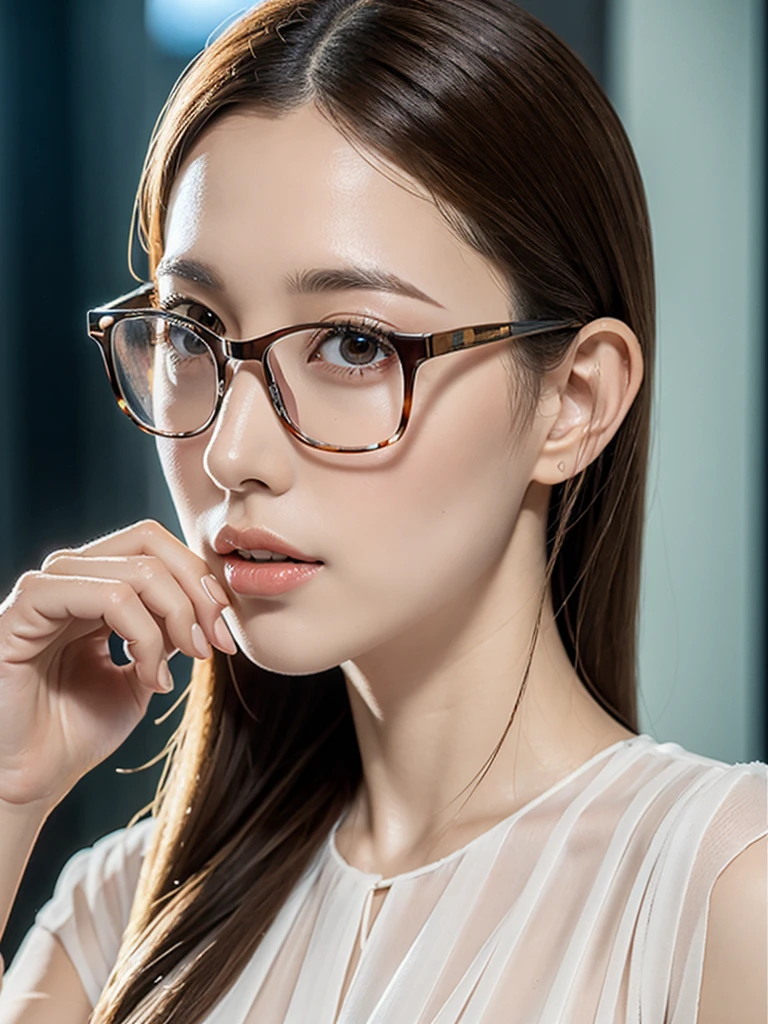 elegant office lady in a revealing white blouse, beautiful detailed eyes, beautiful detailed lips, extremely detailed eyes and face, long eyelashes, slender body, thin face, delicate features, flawless porcelain skin, glistening sweat, ultra-thin hands, ultra-fine fingers, best ratio four finger and one thumb, realistic, see-through white blouse, office setting, one-person viewpoint, Fuji Film, F/1.2, 8K, masterpiece, nffsw, super detail, high quality, best quality, high resolution, glasses