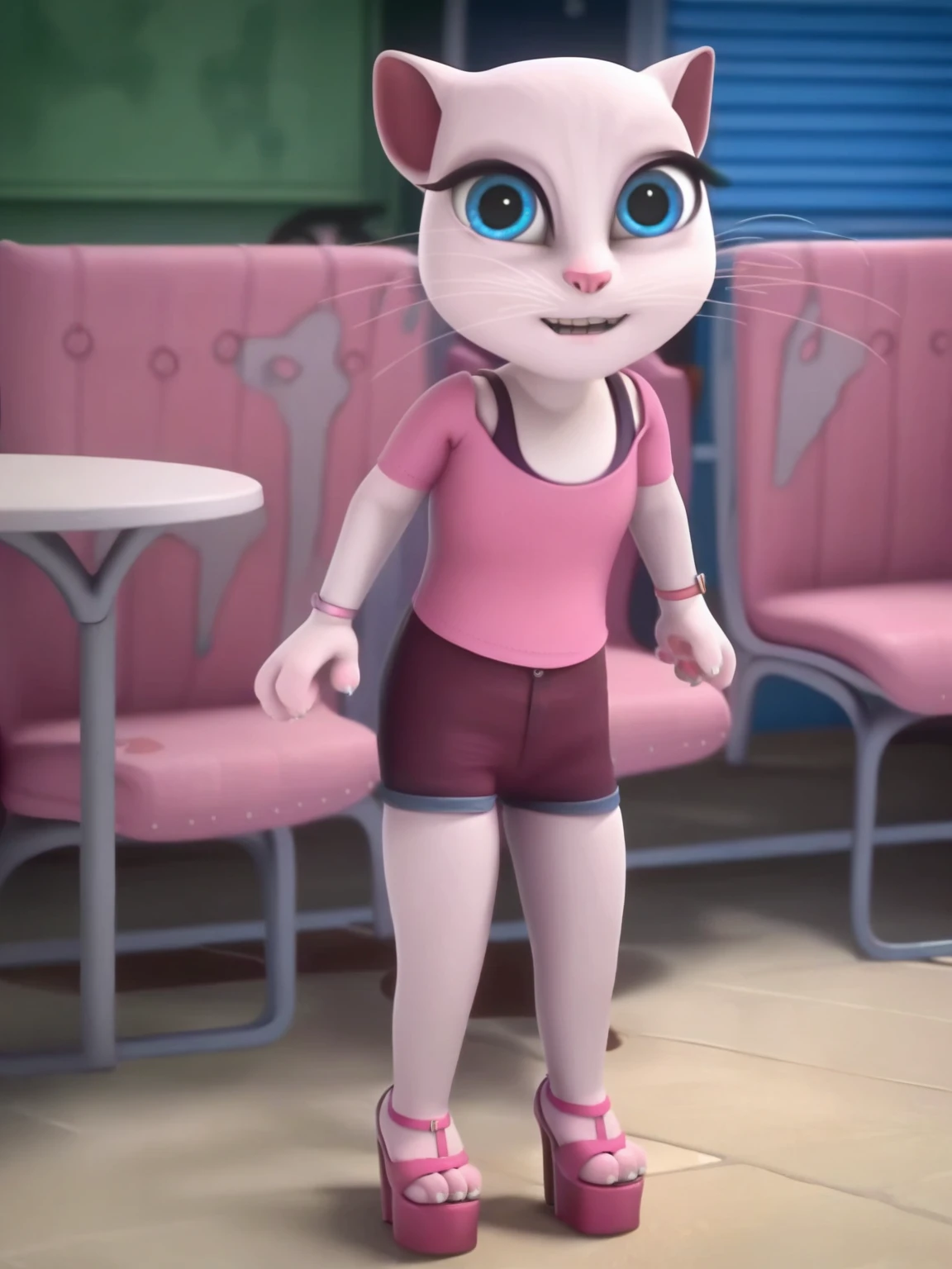 solo focus, a_la, 1girl, cat, white fur, long whiskers on both sides of the face, big bright blue eyes, big black eyelashes, small pink nose, triangular ears with pink channels, small breasts, looking at the viewer, sitting on penis, front view, fuck with legs together, platform high heels, score_9, score_8_up, score_7_up