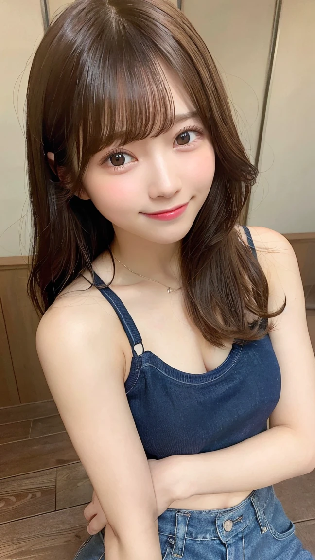 in 8K,Best Quality:1.4, A high resolution:1.5, (Photorealistic:1.4),masterpiece:1.2,(top-quality:1.4)、 Raw photo、 (From the knee up:1.6, From Side:0.7), (the background is blurred), a park,FULL BODYSHOT:1.4、 1 Japanese girl, Cute, (独奏), (Shy smile), Smooth skin、TThe shirt、Denim shorts、 (Brown medium hair,bangs), (touch hair:1.4)、nogizaka、cute little、Supple fingertips,Beautiful black eyes、natural skin textures:1.3, realistic eyes and face details:1.7、middlebreasts、gravure pose:1.1、Toned buttocks、gazing at viewer、red swim wear