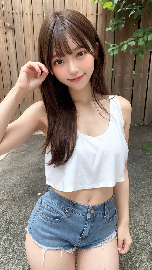 in 8K,Best Quality:1.4, A high resolution:1.5, (Photorealistic:1.4),​masterpiece:1.2,(top-quality:1.4)、 Raw photo、 (From the knee up:1.6, From Side:0.7), (the background is blurred), a park,FULL BODYSHOT:1.4、 1 Japanese girl, Cute, (独奏), (Shy smile), Smooth skin、ＴThe shirt、Denim shorts、 (Brown medium hair,bangs), (touch hair:1.4)、nogizaka、cute little、Supple fingertips,Beautiful black eyes、natural skin textures:1.3, realistic eyes and face details:1.7、middlebreasts、gravure pose：1.1、Toned buttocks、gazing at viewer、red swim wear