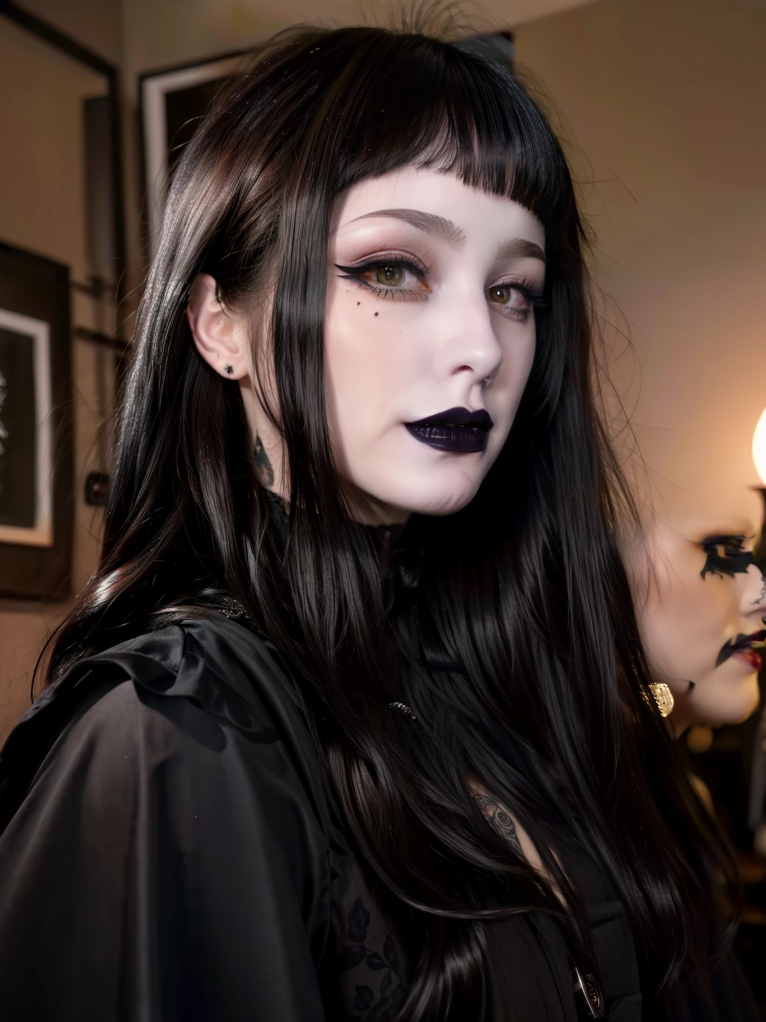 Best quality, masterpiece, super high resolution, (realism: 1.4), tattoos, long hair, pale skin, goth, happy, indoors, black lipstick, microbangs