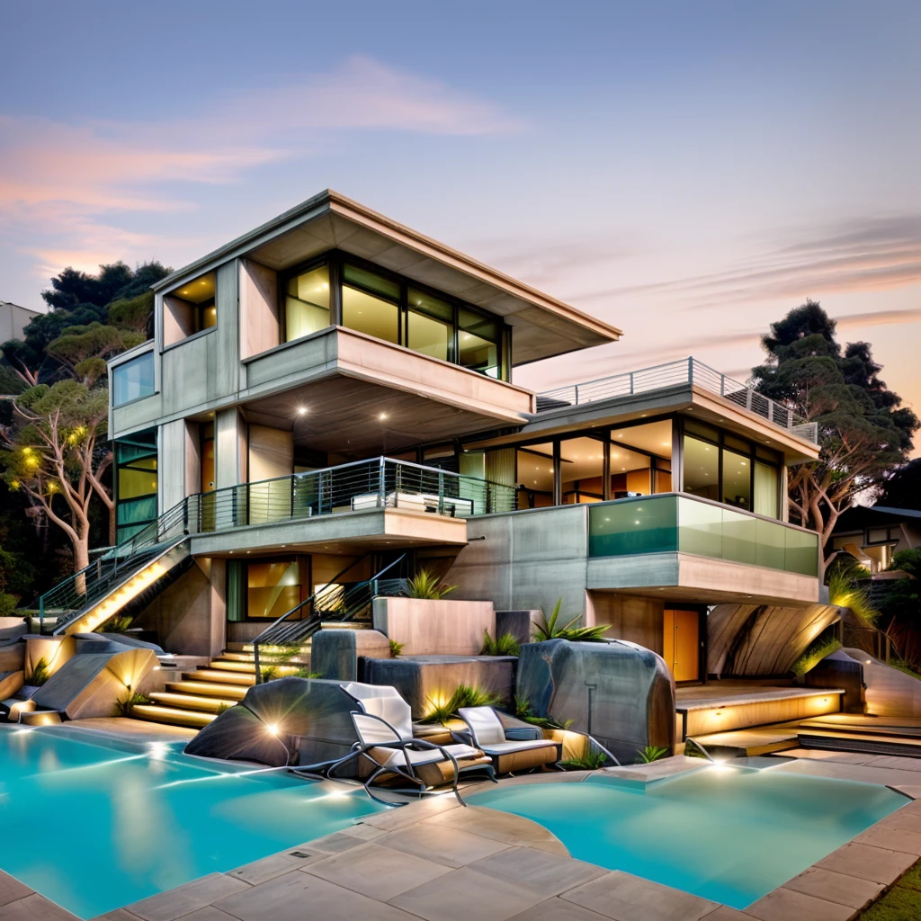 MODERN HOUSE located on the upper hill, ((curly road street in front of the house)), black & white concrete, glass windows, curtain wall, (((small swimming pool under the house))), (pine forest), (SUNSET)