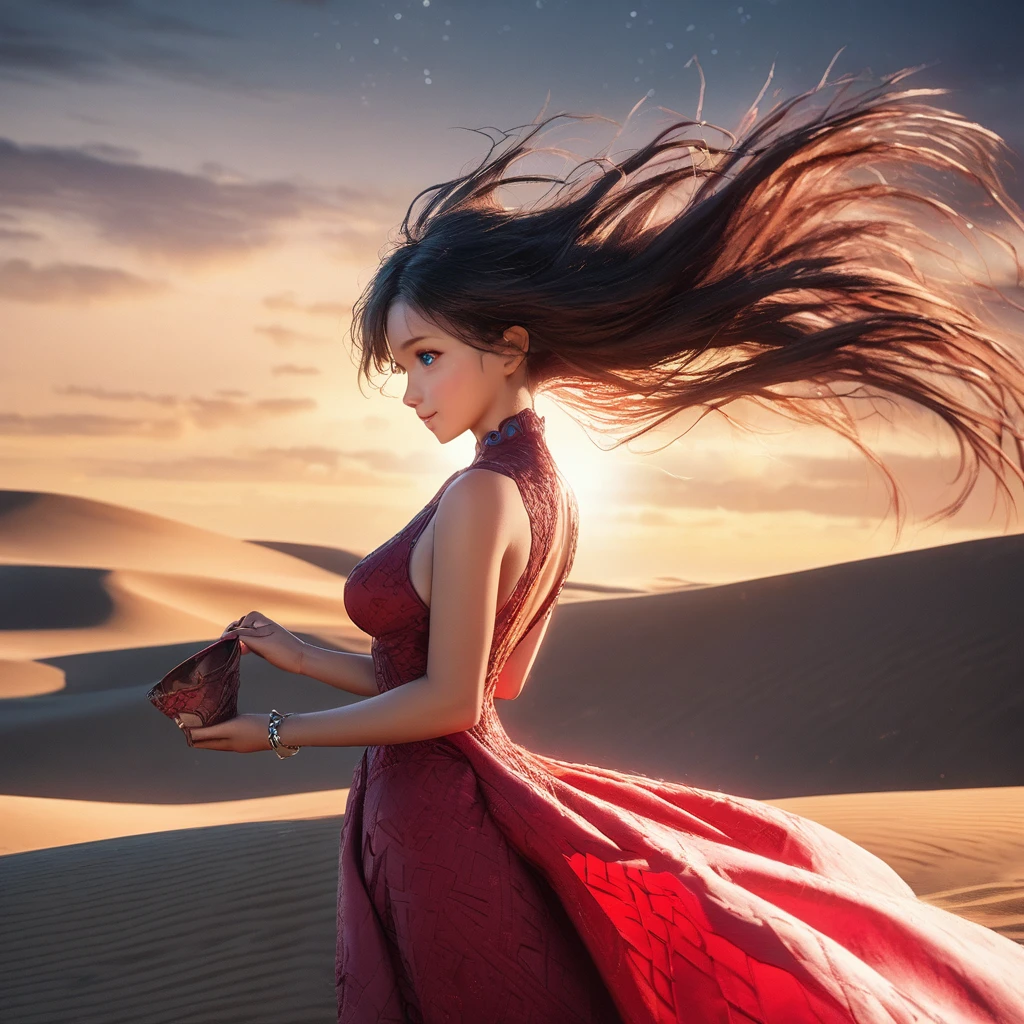 (masterpiece, photo_real, octane-render):1.4, magnificent view, (far away the sea is darker), (midnight sand dunes), sand dunes (Tottori:1.3), (sand ripples:0.95), fantastic, sky full of stars, starry stars cloud colorful, gentle breeze, fantastic Atmosphere, (detailed large indigo eyes:1.2), (moist eyes), 1girl, (holding a red umbrella in the right hand), (perfect hands), ((Side view)), standing on Center of sand dunes, ((in red dress, bare shoulders, white arabesque pattern), dense and delicate clothes, beautiful breasts, wedge sandals, smile, playful, (flinching hair), (Detailed black long hair:1.2), Heart-shaped face woman, (beautiful nape, beautiful spine, diffused natural skin glow), (subjective perspective), (dim light, light-shadow symmetry, ethereal lighting, Faintly emerge from the darkness),