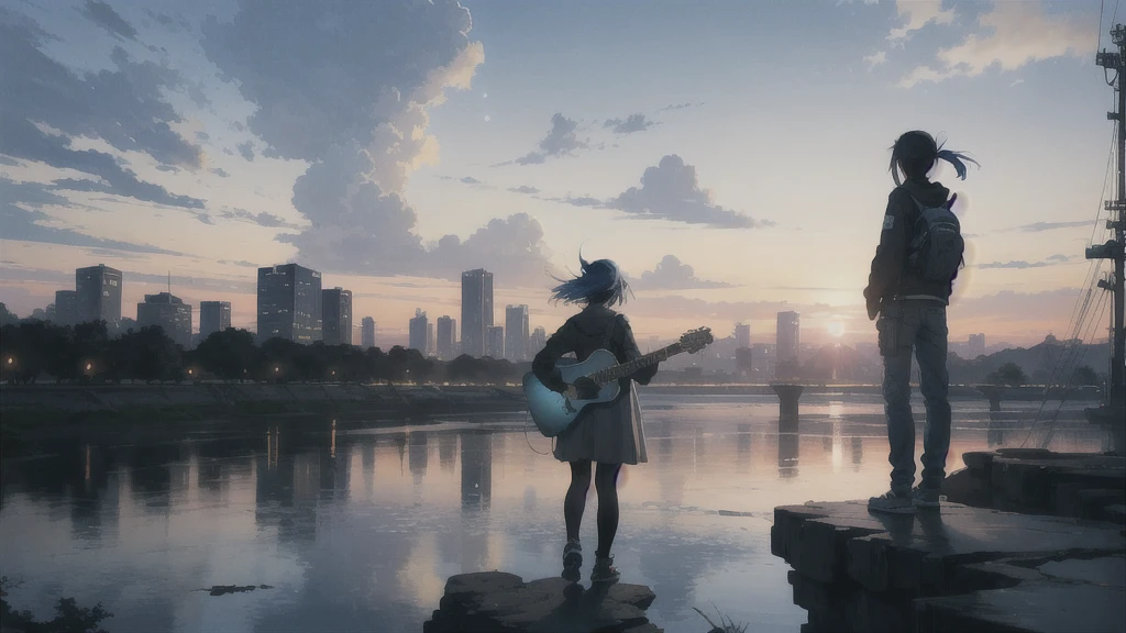 sunset,暗いnight空,Octane, star (null), scenery, Blue parakeet,Acoustic guitar,star, night, One Girl, Back view, alone, Outdoor, city,river,Blue parakeet,building, cloud, 天のriver, Are standing,silhouette